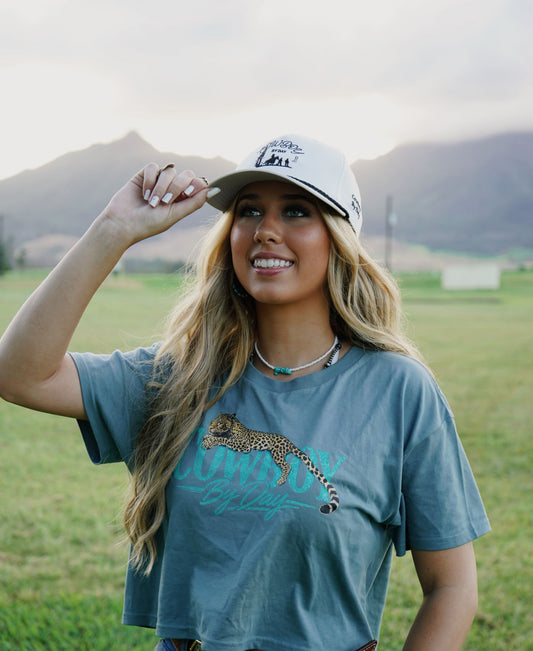 Blue Cheetah Cowboy By Day crop top
